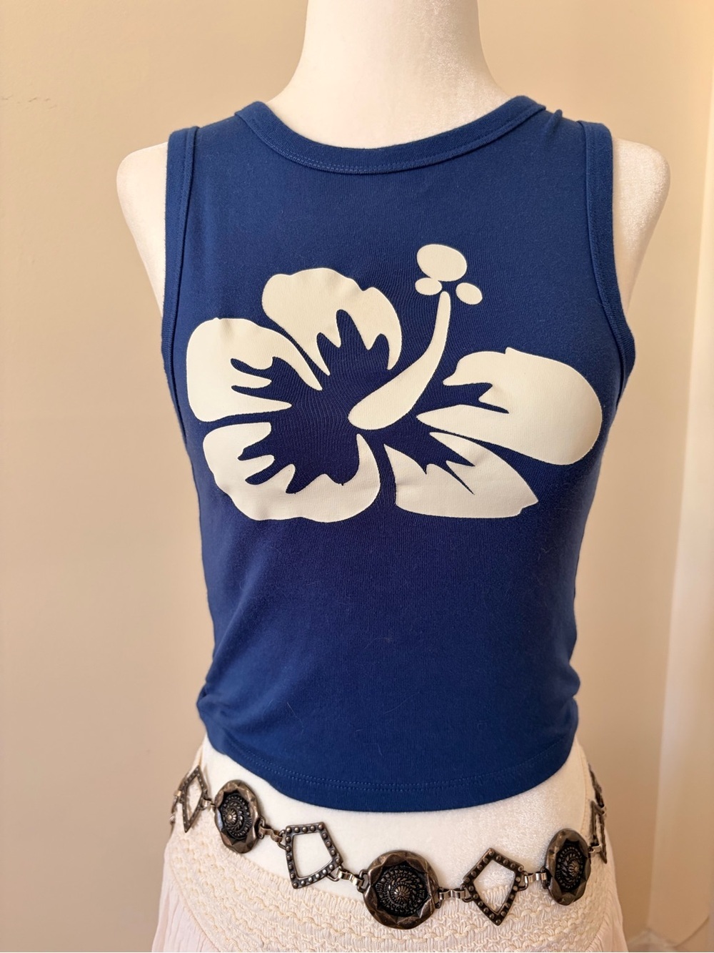 Blue Floral Tank Top with White Hibiscus Print